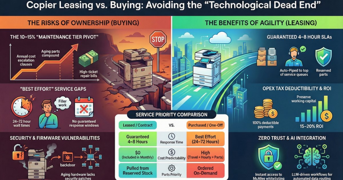 nfographic for Austin businesses comparing copier ownership risks like 15% cost escalation versus leasing benefits like 4-8 hour SLAs.