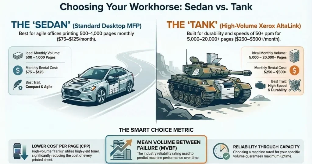 A visual comparison for Austin business owners between compact desktop MFPs and high-volume Xerox AltaLink "tanks" based on monthly page volume.