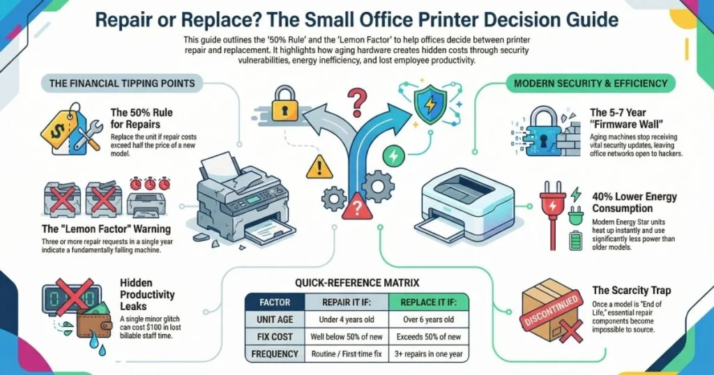 Infographic illustrating the financial tipping points for Printer Repair in Austin, featuring a quick-reference decision matrix and security barriers.
