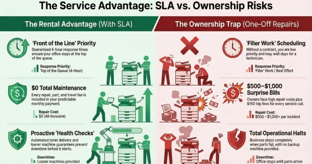 Comparison chart for Austin offices showing rental benefits like guaranteed 4-hour response times versus ownership risks like $1,000 surprise repair bills.