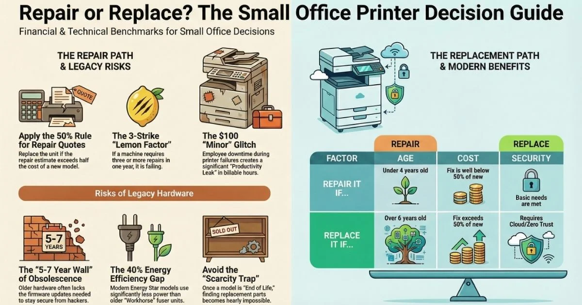 A decision guide for Austin small offices on Printer Repair, detailing the 50% rule, 3-strike lemon factor, and legacy hardware risks.