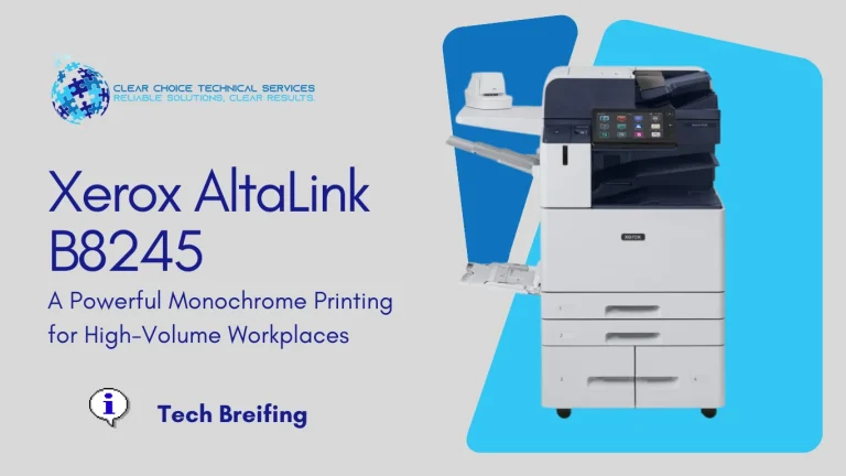 Xerox AltaLink B8245 black-and-white multifunction printer with high-capacity tandem tray and touchscreen at 401 Congress Ave, Austin, TX.