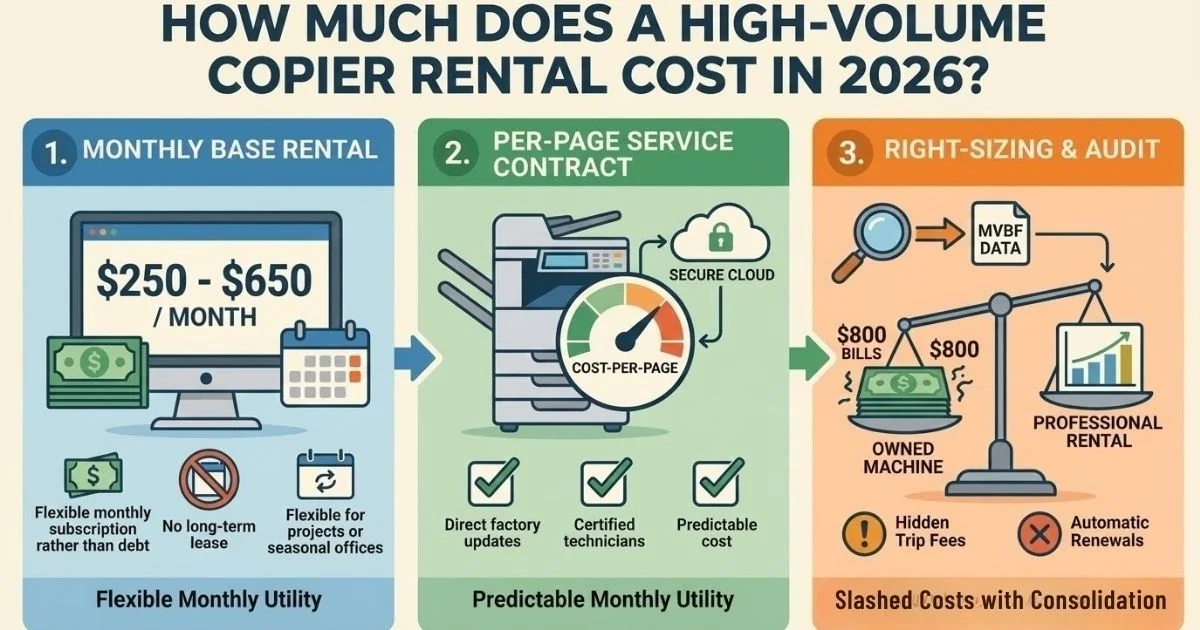 Infographic showing an Austin Copier Rental Cost between $250 and $650 per month , featuring flexible monthly subscriptions and no long-term debt.