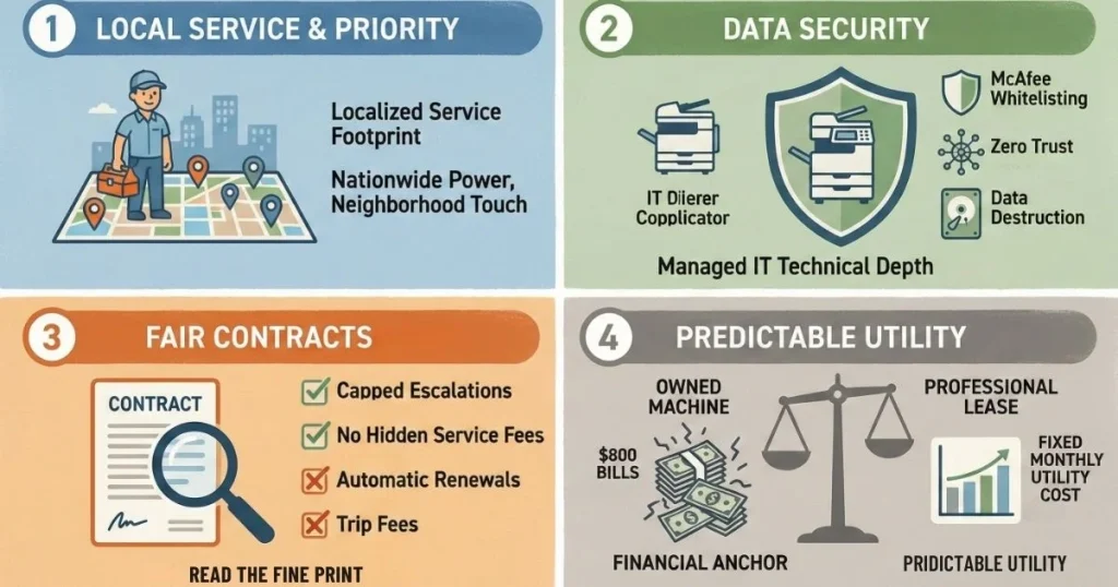 Four-step guide to a Reliable Copier Lease in Austin, covering local service footprints, Data Security, Fair Contracts, and Predictable Utility.