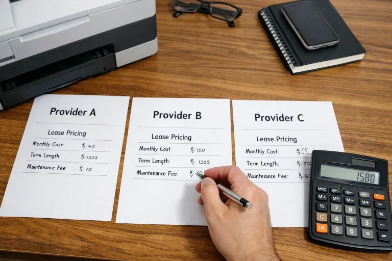 A professional in Austin comparing copier lease pricing quotes from three different providers including monthly costs, term lengths, and maintenance fees.