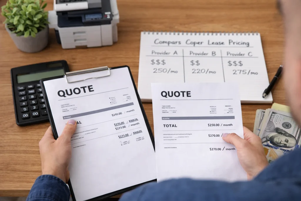 Close-up of an office manager at 401 Congress Ave reviewing copier lease pricing quote papers and cash for office equipment.