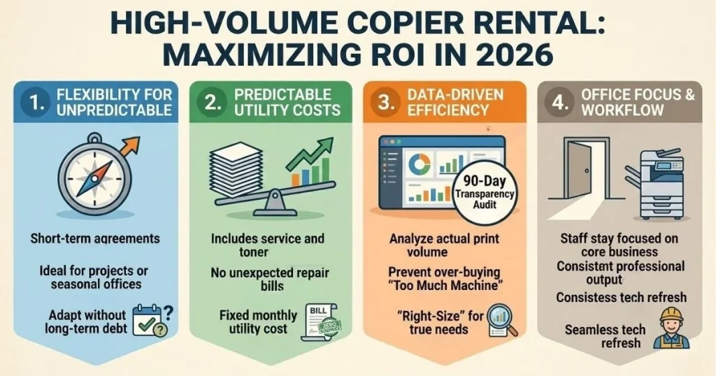 Four-step guide to maximizing ROI and managing Copier Rental Cost in Austin through 90-day transparency audits and data-driven efficiency.