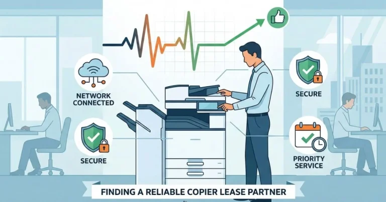 A professional technician providing a Reliable Copier Lease in Austin, featuring 4-hour SLAs, secure network connectivity, and priority service.