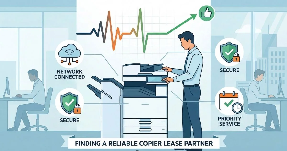 A professional technician providing a Reliable Copier Lease in Austin, featuring 4-hour SLAs, secure network connectivity, and priority service.
