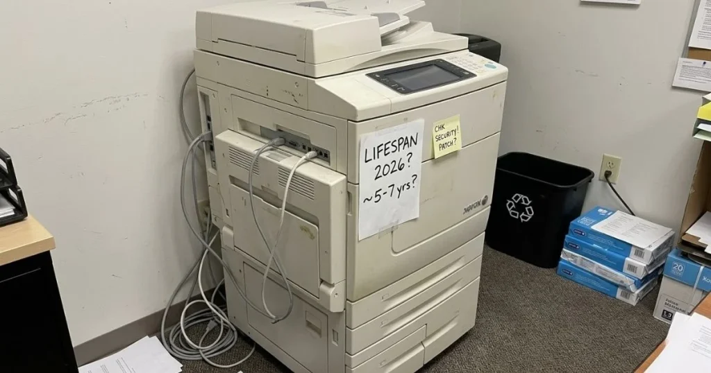 An older Xerox copier in an Austin office corner with a handwritten note regarding its 2026 lifespan and security patch requirements.