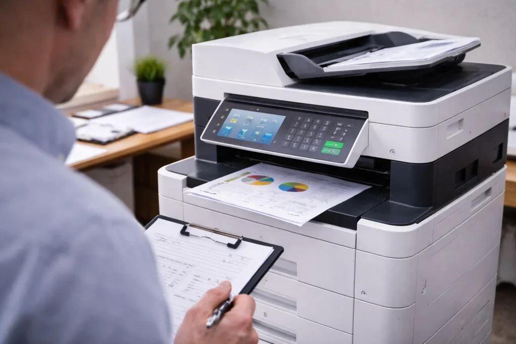 An office worker at 401 Congress Ave reviewing high-quality color charts from enterprise-grade multifunction copiers.