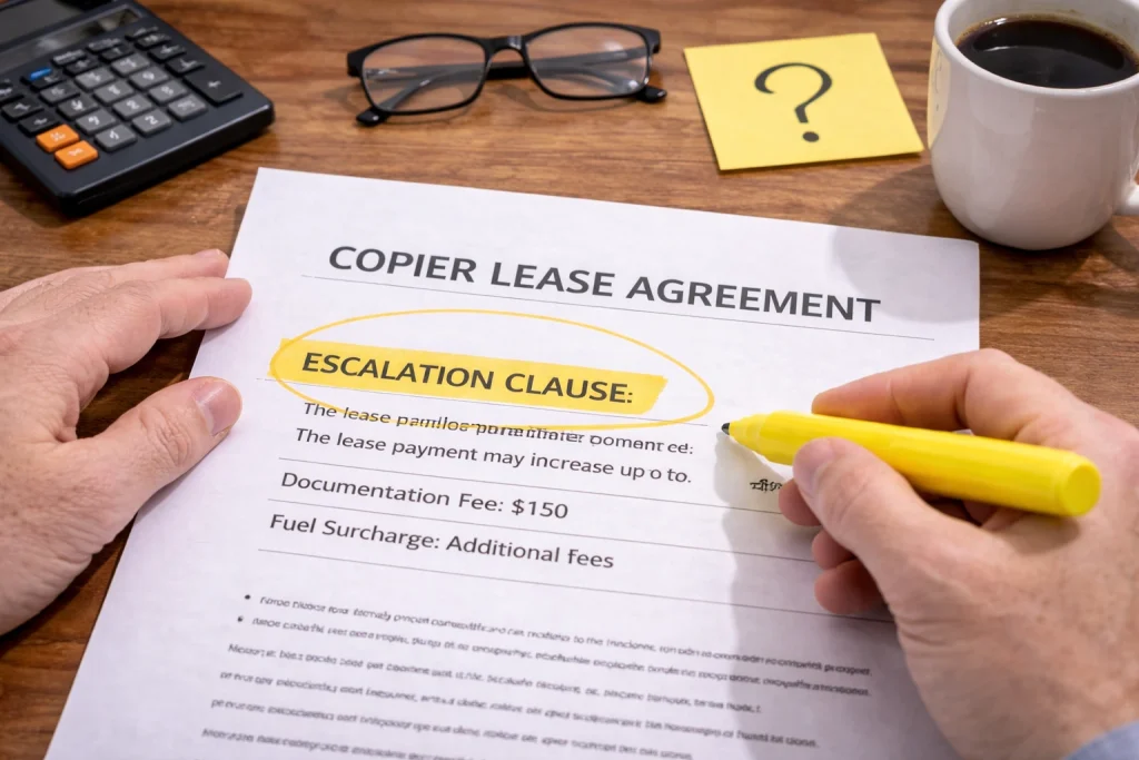 Hand highlighting a clause in an Austin Copier Lease Agreement to ensure all terms are understood.