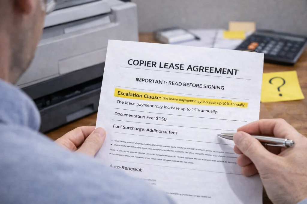 Person reviewing the "Important: Read Before Signing" section of Austin Copier Lease Agreements.